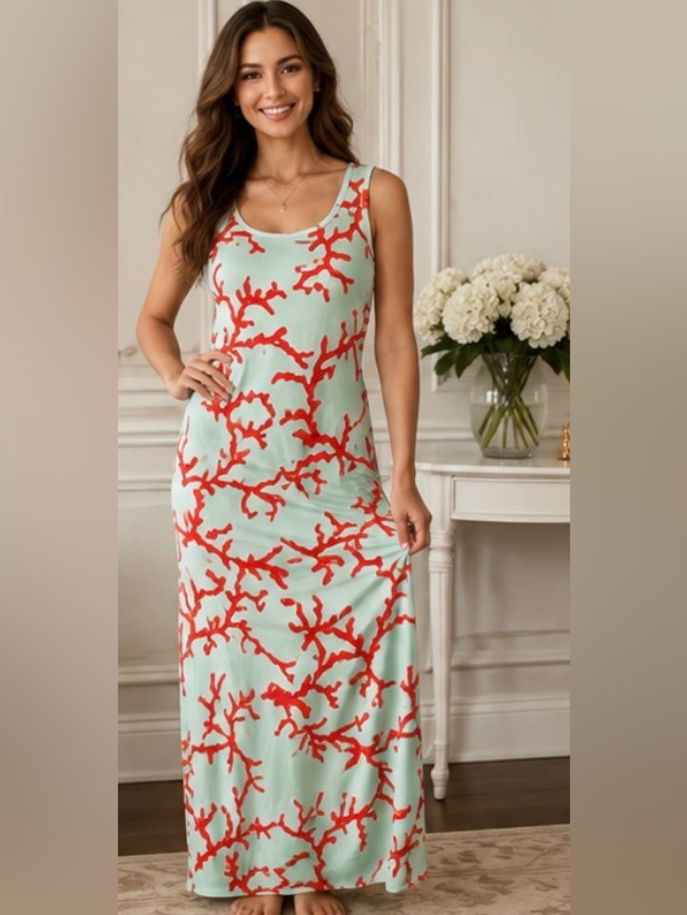 J.McLaughlin Coral Print Aqua Maxi Dress Size Small